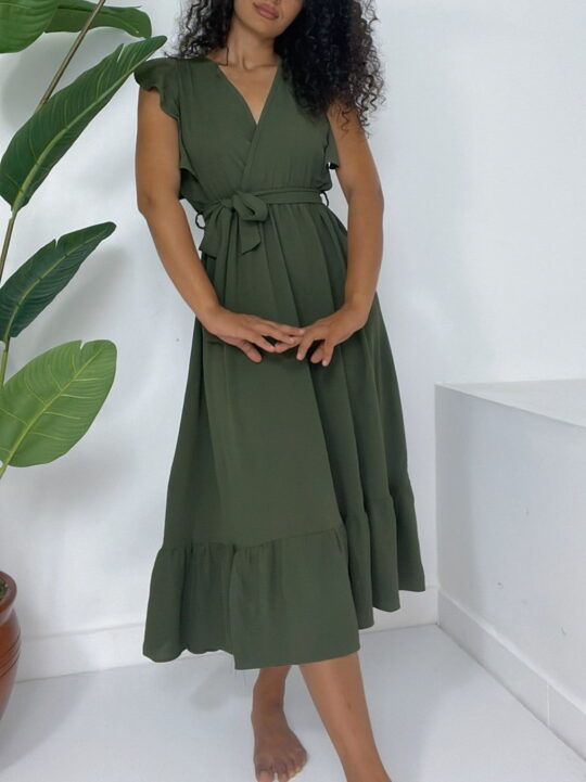 Flounce Shoulders Sleeveless Tied Waist Elastic Aerobin Dress