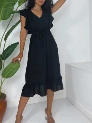 Frill Shoulder Elastic Waist Sleeveless Midi Aerobin Dress