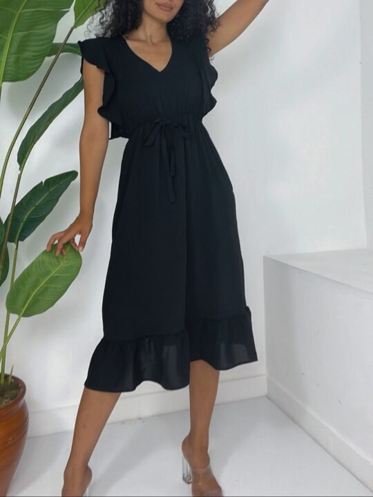 Frill Shoulder Elastic Waist Sleeveless Midi Aerobin Dress