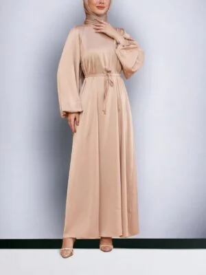 Tulle Balloon Sleeve Belted Satin Dress