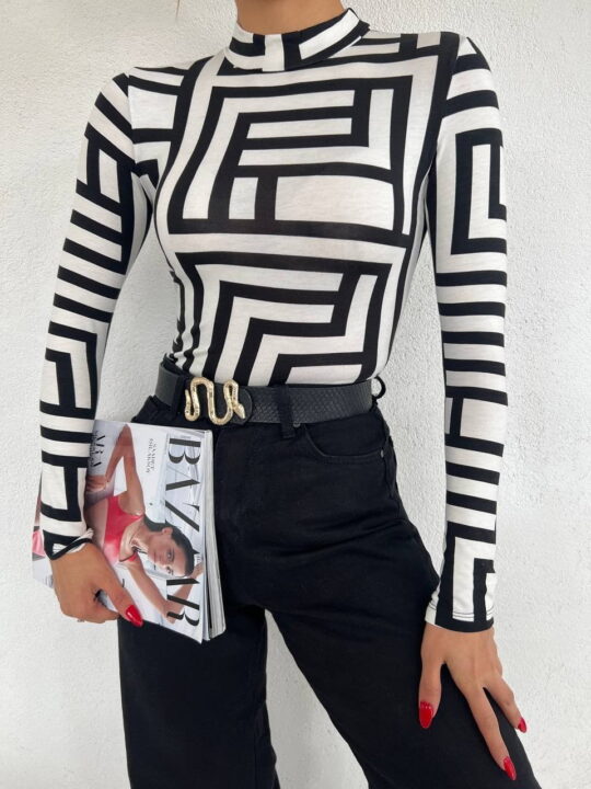 Mixed Pattern Half Turtleneck Blouse