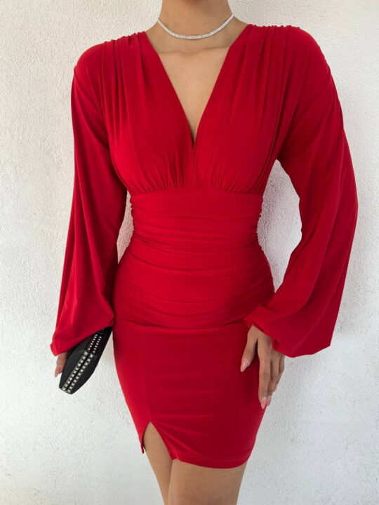 Balloon Sleeve V-Neck Slit Sandy Dress