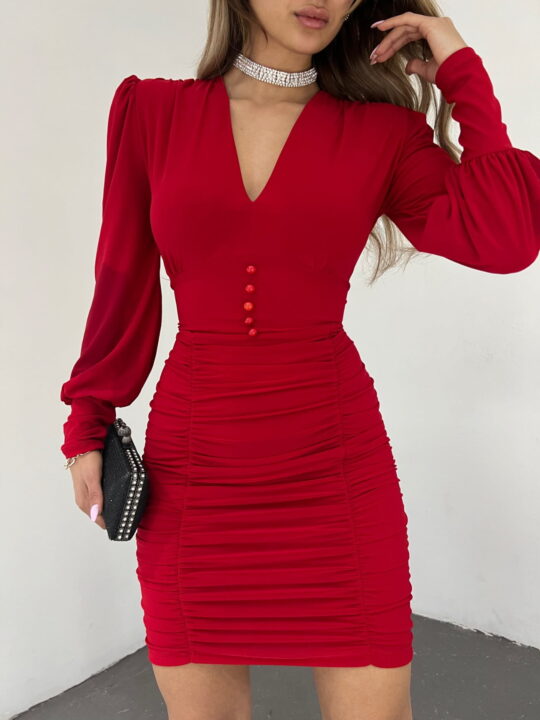 Elastic Buttoned V-Neck Sandy Mini Dress