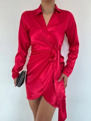 Draped Front Tied Satin Dress