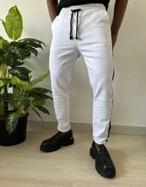 Men's White Slim Fit Black Side Stripe Jeans Trousers