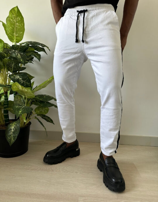 Men's White Slim Fit Black Side Stripe Jeans Trousers
