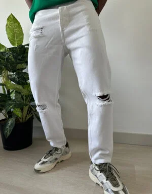 Men's White Ripped Baggy Jeans Trousers