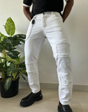 Men's White Ripped Slim Fit Jeans Trousers