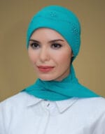 Practical Ready-to-Wear Slip-On Hijab Cap with Sandy Fabric, Rose Embroidery, and Chiffon Scarf