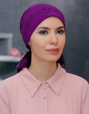 Practical Ready-to-Wear Slip-On Hijab Cap with Sandy Fabric, Rose Pattern, and Beaded Embroidery
