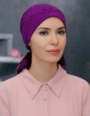 Practical Ready-to-Wear Slip-On Hijab Cap with Sandy Fabric, Rose Pattern, and Beaded Embroidery