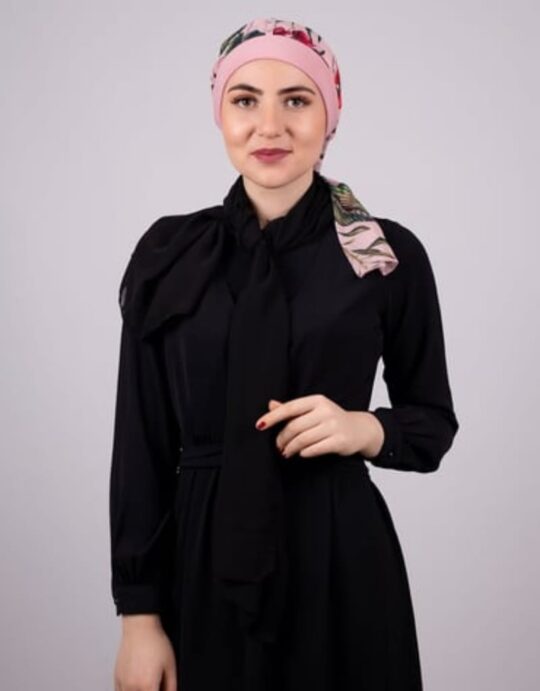 Practical Ready-to-Wear Slip-On Hijab Cap with Sandy Fabric, Patterned Chiffon, and Belt