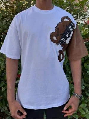 Men's Bear Printed Oversize White T-Shirt