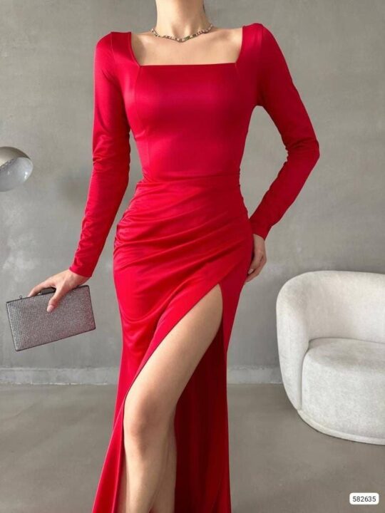 Sweetheart Neckline Deep Slit Satin Dress