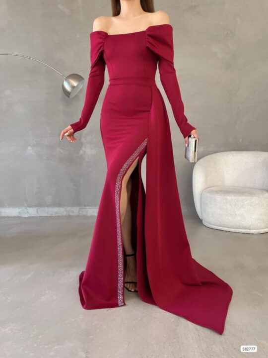 Open Shoulder Stoned Skirt Long Dress
